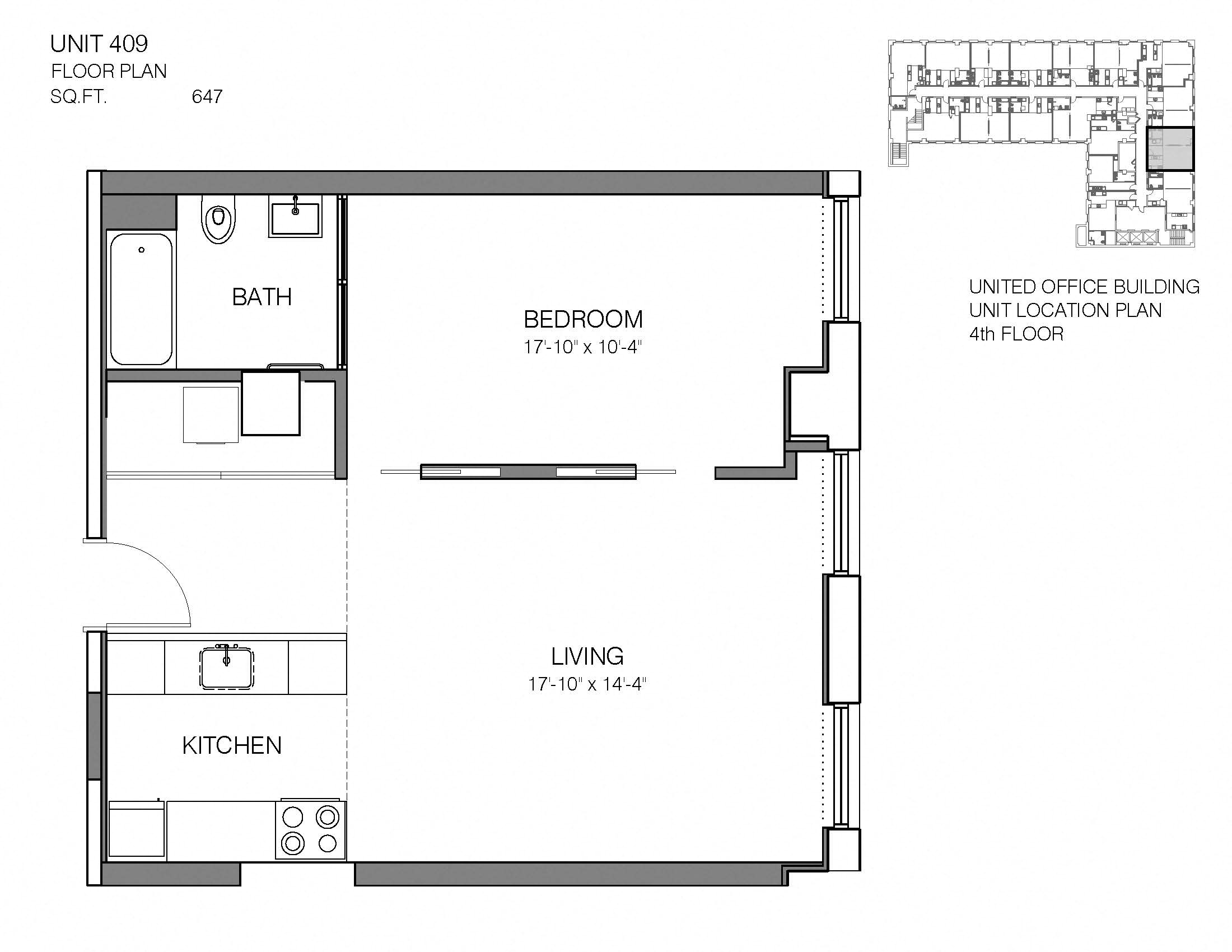 1 Bed 1 Bath 409 Floor Plan at Market District Lofts, 2012 W. 25th St, Cleveland, OH